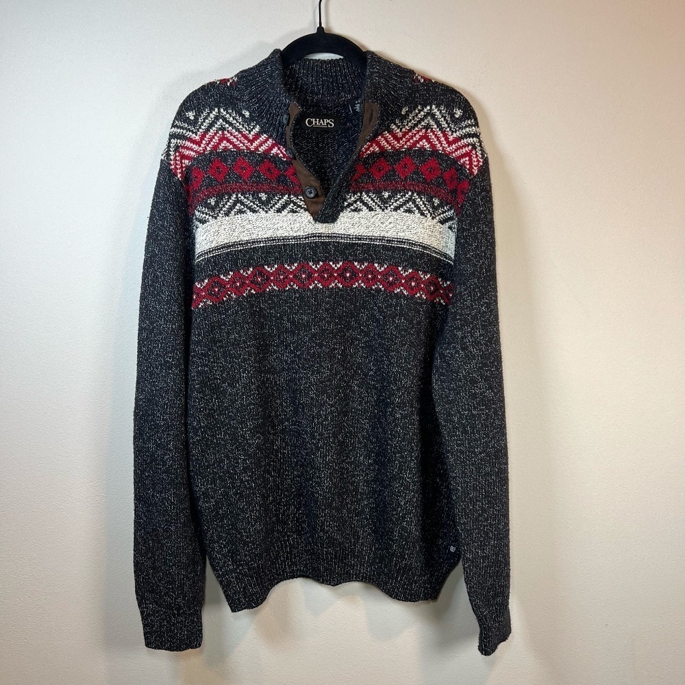Chaps Fair Isle 1/4 Button Pullover Sweater Marled Gray Mock Neck Cozy Men Large